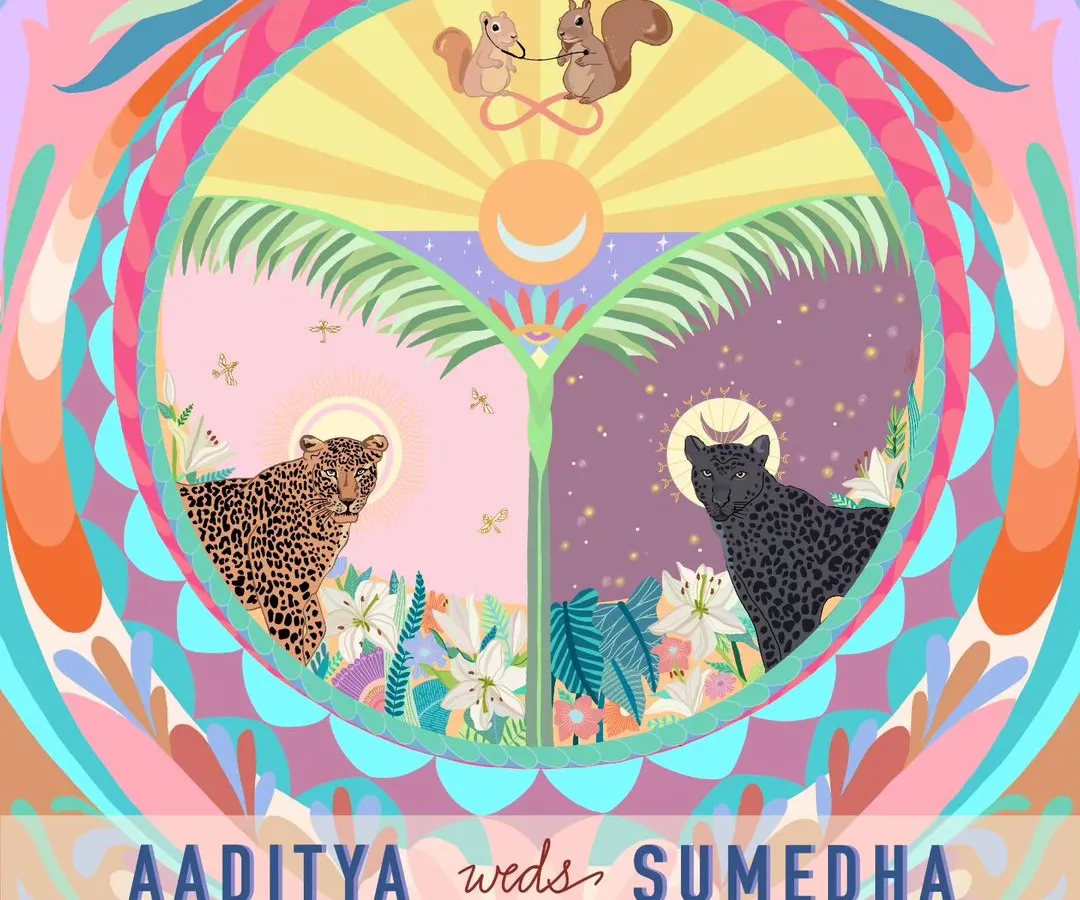 Every detail in my illustrations tells a part of your story. For this vibrant wedding invite cover, I included the couple's spirit animals, a leopard and a black panther, and even drew them as squirrels with a stethoscope to represent their professions. It's a perfect example of how we can incorporate quirky and deeply personal elements.