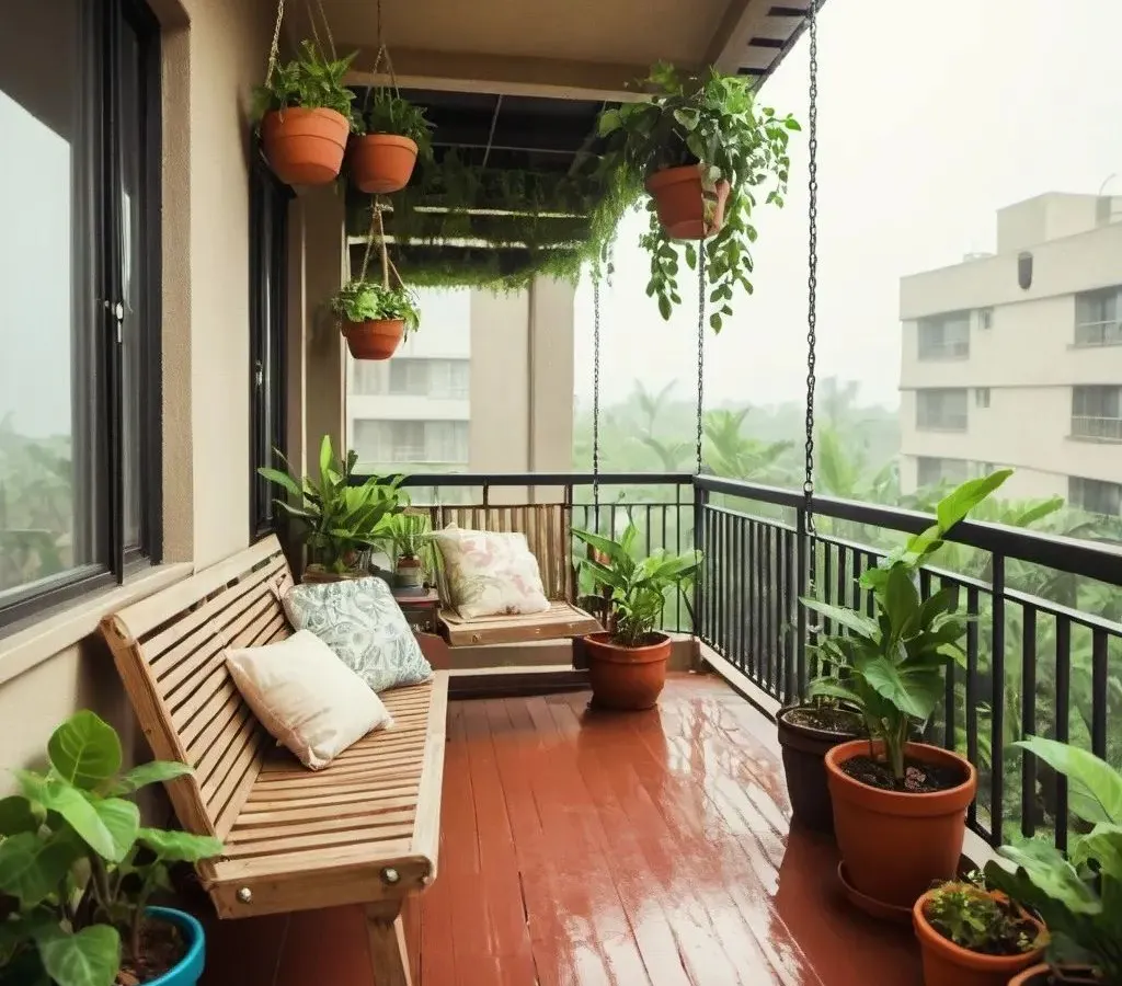 Imagine this as your personal escape. We designed this urban balcony to be a serene spot for morning chai or unwinding after a long day. Notice the use of vertical space with hanging planters and a mix of potted plants to create a full, jungle-like feel without sacrificing seating area.