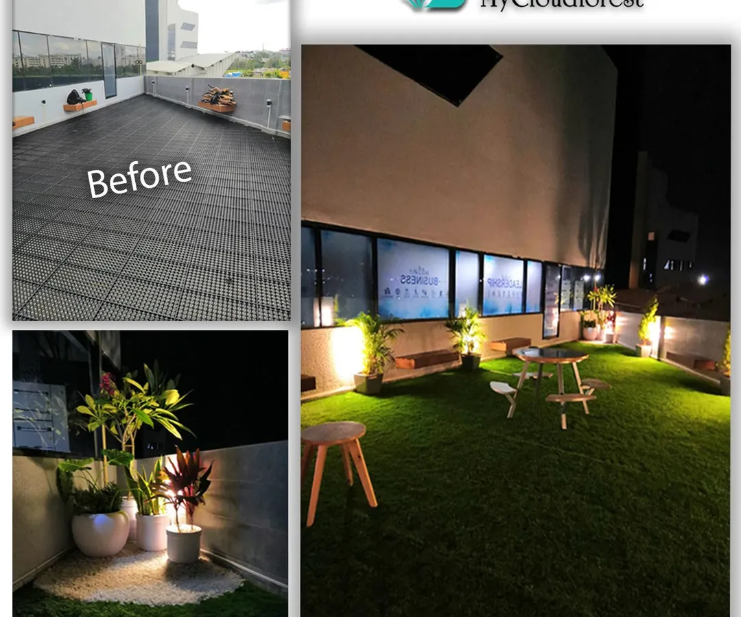 This before and after collage shows the dramatic transformation of a bare commercial terrace. I turned a stark, empty area into a lush, inviting green lounge for employees and clients using durable artificial grass, strategic lighting, and potted plants, making the space functional day and night.