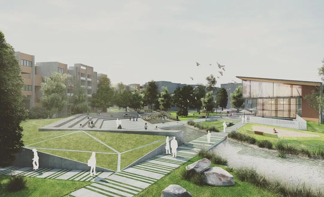 We designed this community park to be a dynamic public space, featuring a terraced amphitheater for events and gatherings. The layout includes accessible walking paths that meander alongside a naturalized water feature, promoting both activity and relaxation within the residential layout.