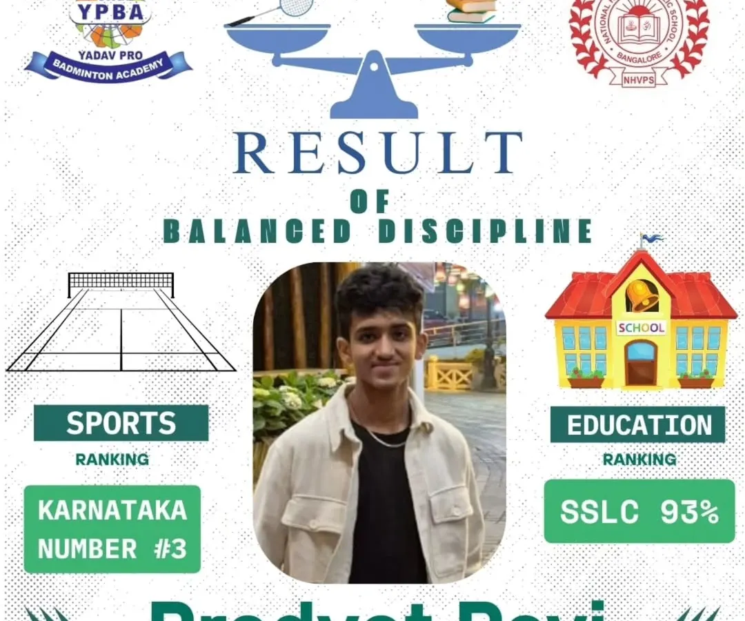 We believe in balancing dreams with discipline. This is Pradyot Ravi, who achieved a Karnataka state rank of #3 in badminton while also scoring an outstanding 93% in his SSLC board exams, proving our integrated academic program works.