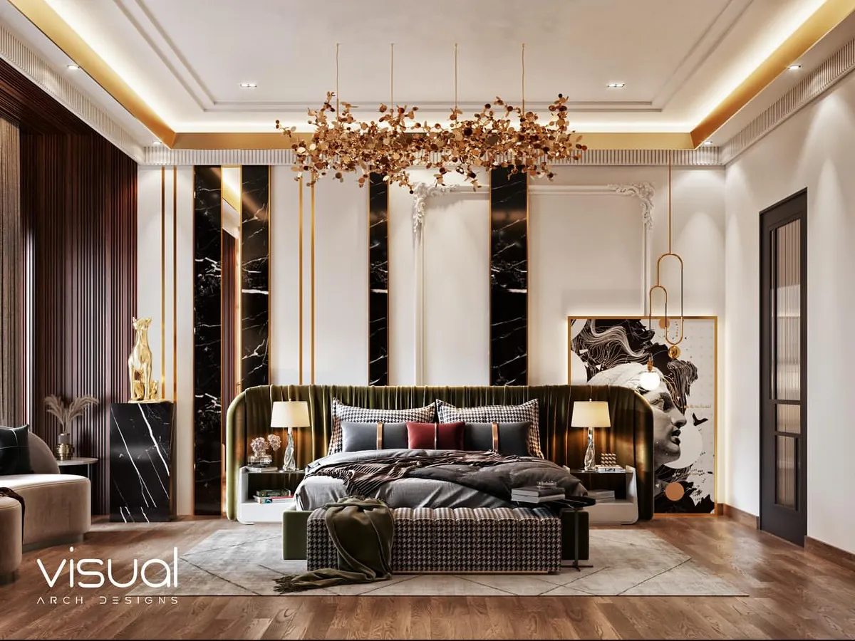 A master bedroom visualization that blends bold materials like black marble and gold accents with sophisticated lighting. The design features a custom headboard, an elaborate chandelier, and a cohesive, opulent aesthetic.