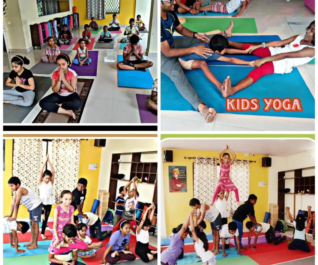 We make yoga fun and accessible for every child. This collage highlights key moments from our kids yoga classes, including foundational asanas, calming meditative poses, and playful partner exercises that build teamwork and trust.