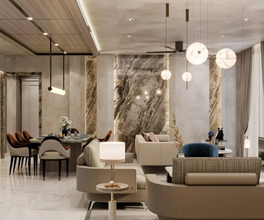 We designed this Delhi residence with distinct formal and informal living areas to suit our client's lifestyle. The space features luxurious Italian marble on the walls and floors, texture-painted surfaces, and a sleek wooden panel ceiling, all unified by sophisticated lighting to create an atmosphere of refined comfort.