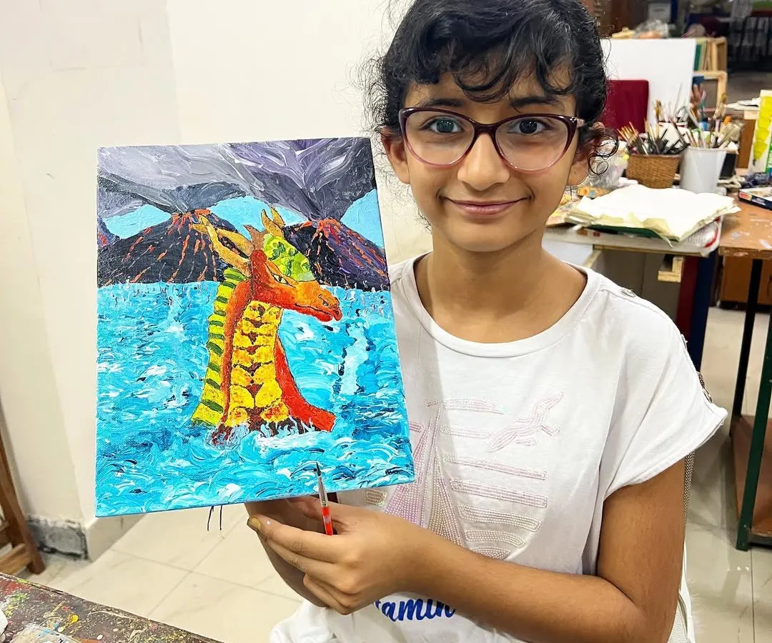 We love seeing our students' imaginations come to life! Here’s a fantastic sea dragon, painted with acrylics on canvas by one of our young artists, Manya. Our kids' classes focus on building confidence and having fun while learning real painting techniques like impasto.