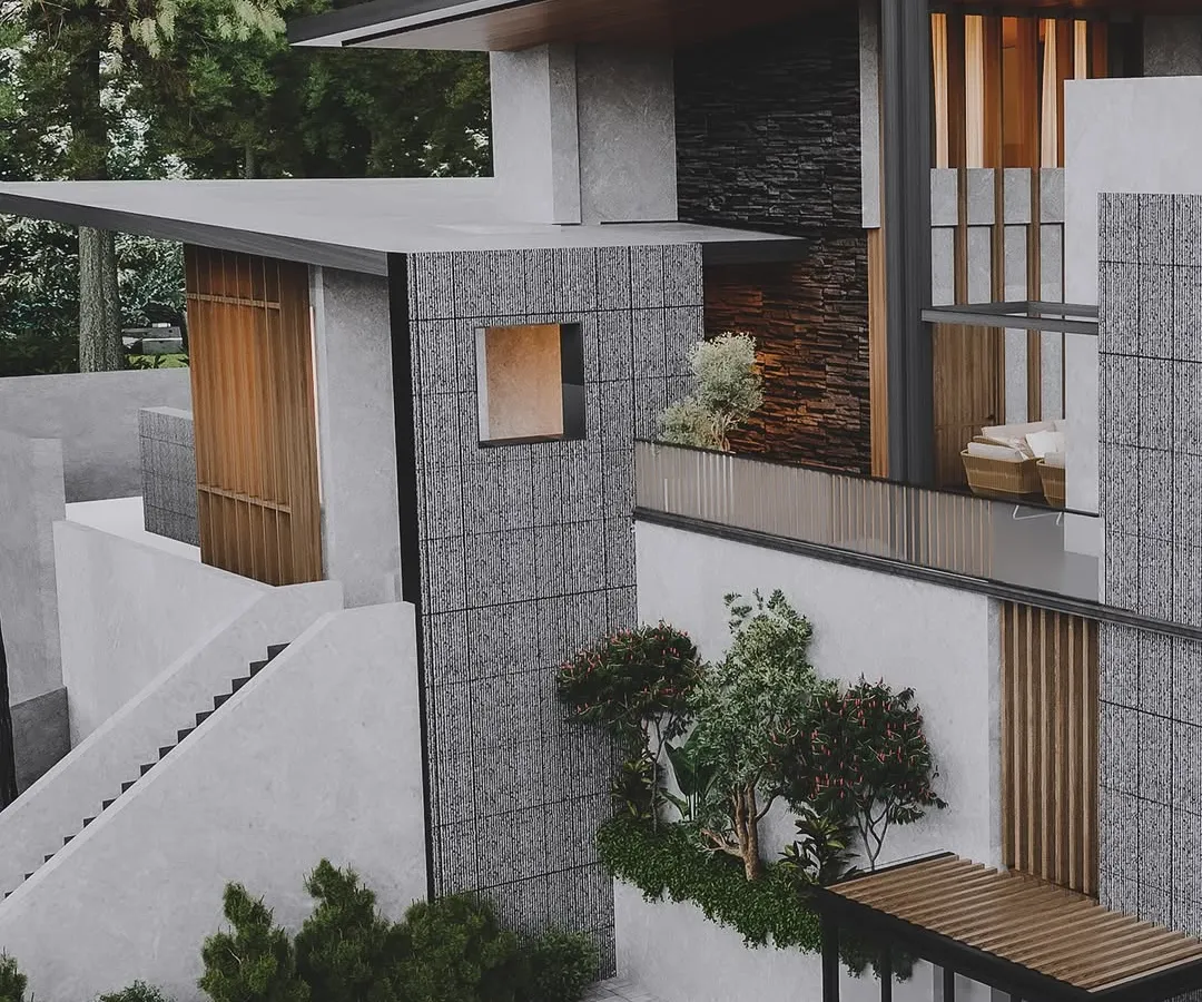 For this modern Kasauli villa by Studio VK.A, the goal was to visualize its integration with the hillside. The rendering highlights the textural contrast between the rough stone facade, smooth concrete, and warm wood, all nestled within a dense pine forest.