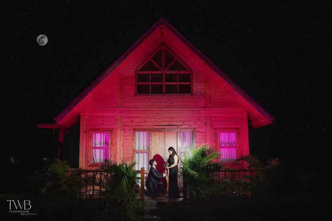 Under a moonlit sky, he went down on one knee. We created this dramatic, cinematic proposal shot using special lighting to make the moment feel as magical as it was. This is for couples who want a truly unforgettable pre-wedding memory.