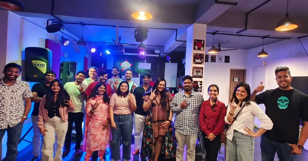 This is us. A snapshot of the incredible energy after another killer 'Rock The Stage' night. This picture is all about the community, the friendships, and the shared love for performance that makes our open mic in Koramangala so special.