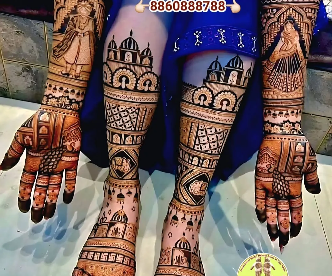 A complete bridal look, with stunningly intricate henna work covering the full arms and feet. This design features classic Rajasthani figures and architectural patterns, ensuring the bride looks perfect from every angle.