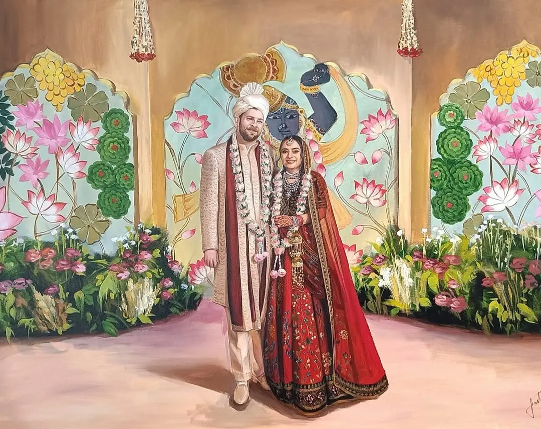 This finished acrylic portrait features a stunning Pichwai-inspired backdrop, blending traditional Indian art with a realistic depiction of the couple. It’s a perfect example of how I incorporate unique decor into a timeless wedding keepsake.