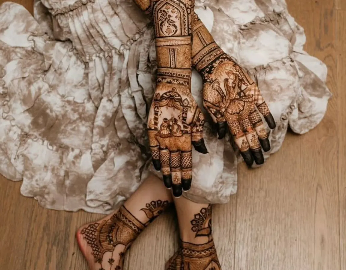 Here you can see a complete bridal mehandi look, with intricate designs covering the full arms and feet. I make sure the patterns are consistent and beautiful from every angle, perfect for your wedding photos.