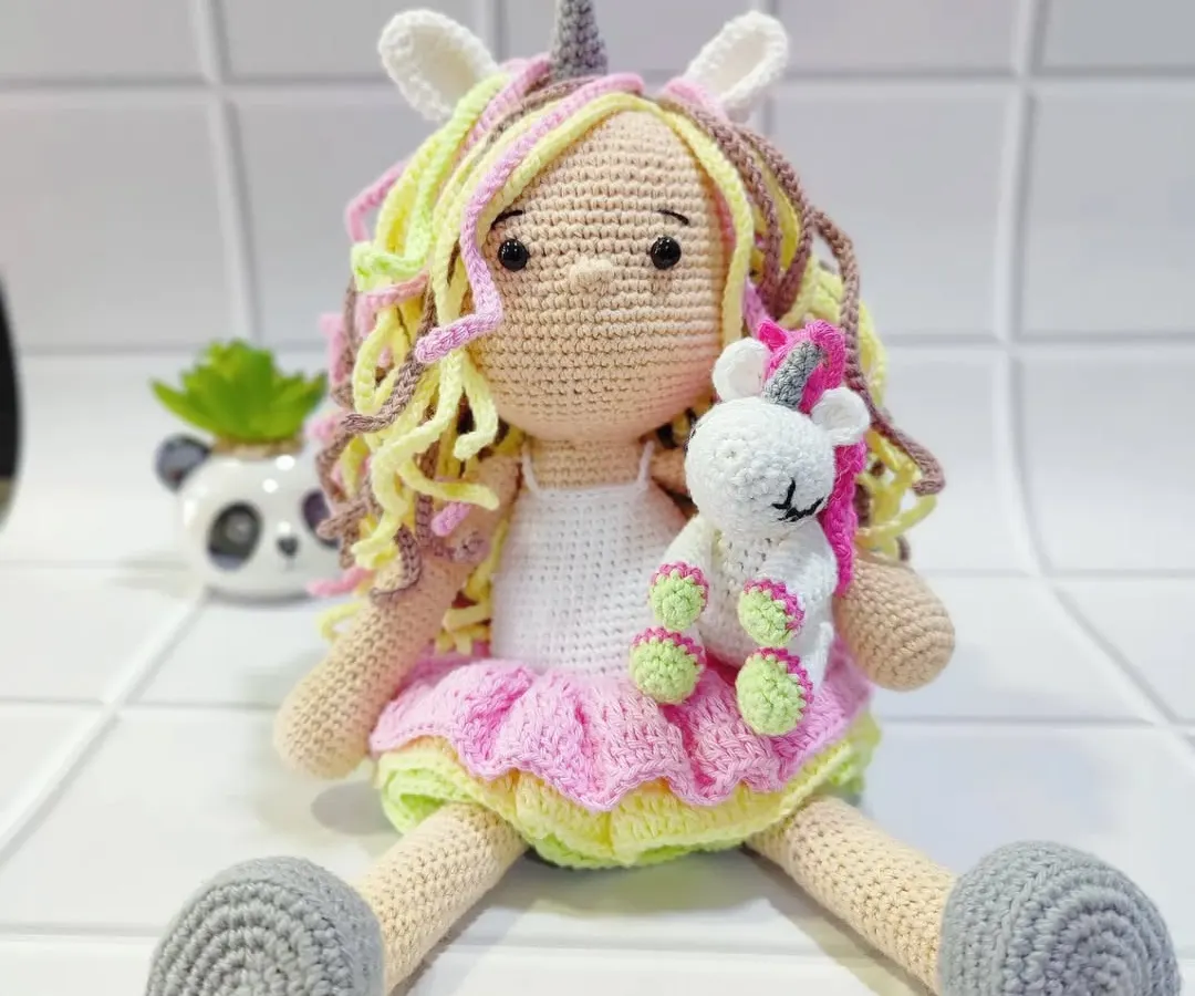 Meet my magical unicorn doll, complete with her own tiny unicorn friend. I designed this piece to be a cherished companion, crafted with soft, premium yarn and detailed with care to spark imagination and endless cuddles.