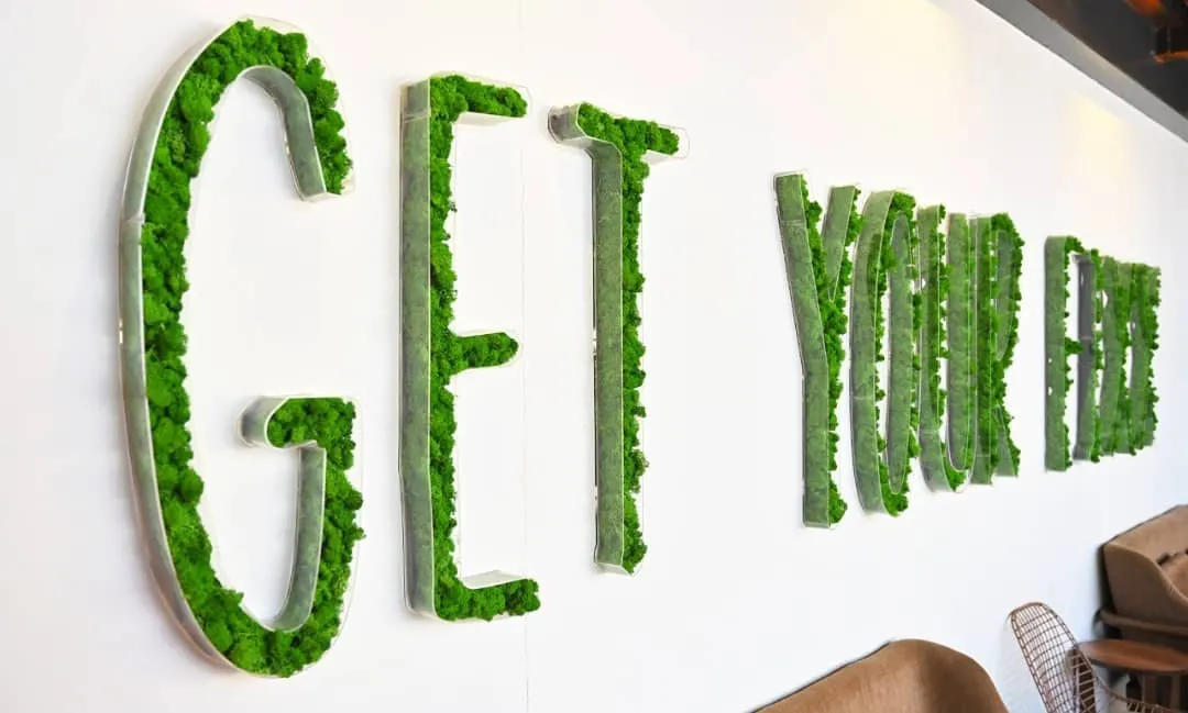 Custom moss lettering for 'The Fixx' pub in Bangalore. This type of moss art allows businesses to integrate their branding or a unique message into their interior design with a natural, tactile element.
