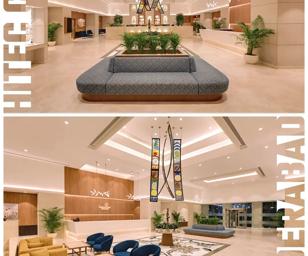 First impressions are everything. We designed the entrance lobby for Lemontree Premier in Hitec City, Hyderabad, as a bright, expansive space featuring a stunning central art installation, setting a tone of modern luxury from the moment you walk in.