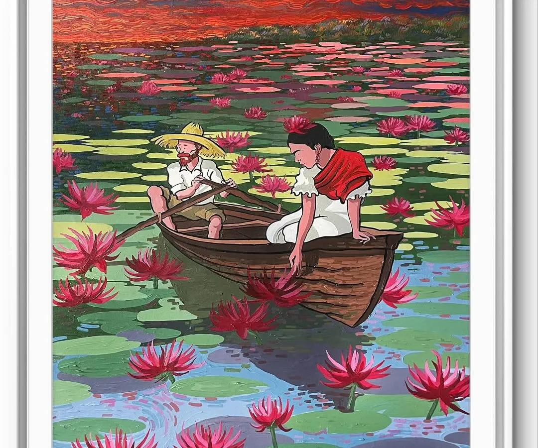 I call this original acrylic painting 'Colorful Lake 2'. Here, I imagine Vincent and Frida finding a moment of quiet peace together, drifting through a sea of red lotus flowers under a blazing sunset. This piece brings together Frida's tranquil, poetic gaze and the dynamic rhythm of Van Gogh's brush, creating a story of shared solitude and beauty.