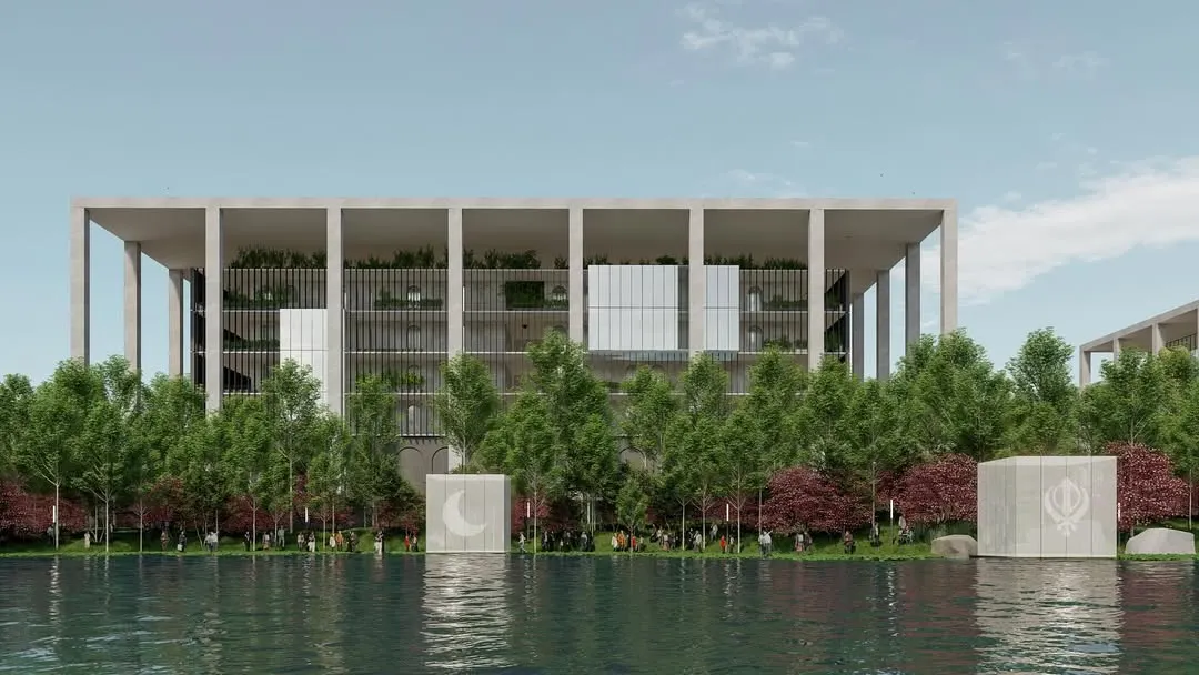 For the Telangana High Court, we aimed for a design that is monumental yet unassuming. This view across the water shows how the structure commands respect through its clean lines and scale, while the surrounding landscape and water body soften its presence, making it a dignified and approachable civic landmark.