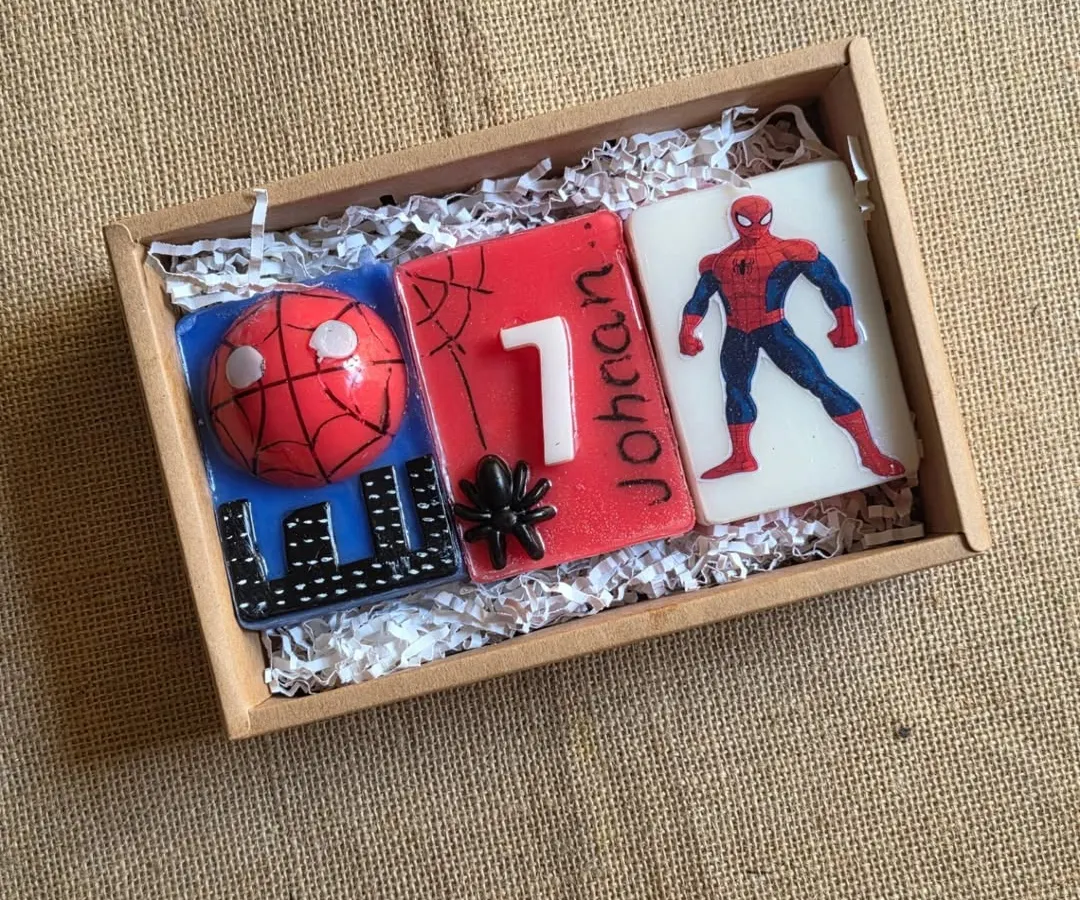 A first birthday is a big deal. I created this custom Spiderman-themed soap set for a young fan's party, complete with his name and age. All my kids' soaps are tear-free and made with gentle goat milk.