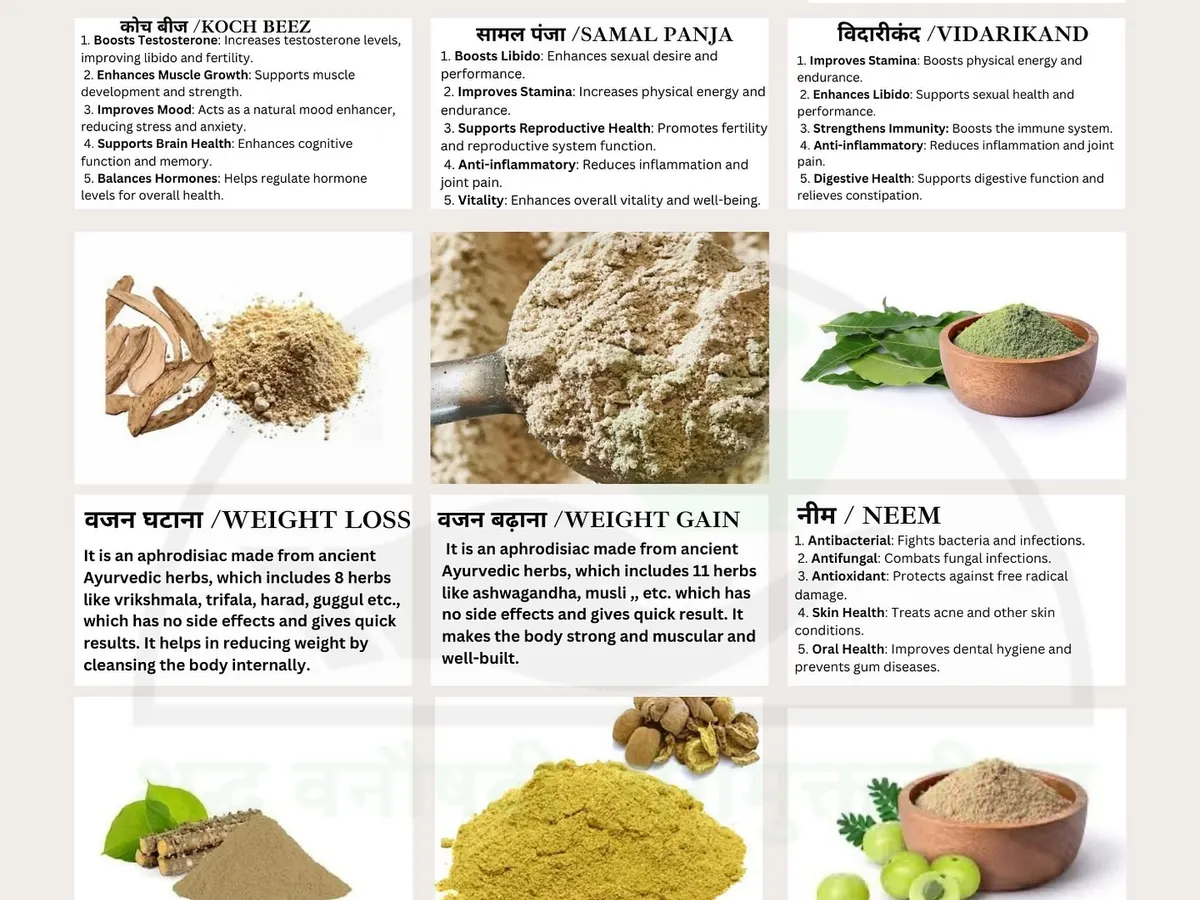 Here you can see herbs targeted for specific goals, including my own formulations for weight management and building strength. We also use powerful single herbs like Neem for detoxification and Giloy to boost your immune system.