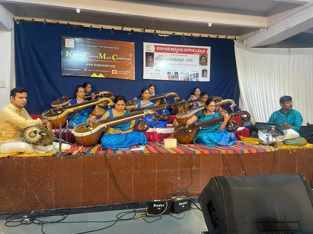 I believe music is for sharing, and I am incredibly proud to see my students perform on stage. This was a wonderful performance by an ensemble of eight of my students for the KCMC Haridasa Sangeetotsava at Malleswaram Ramamandira.