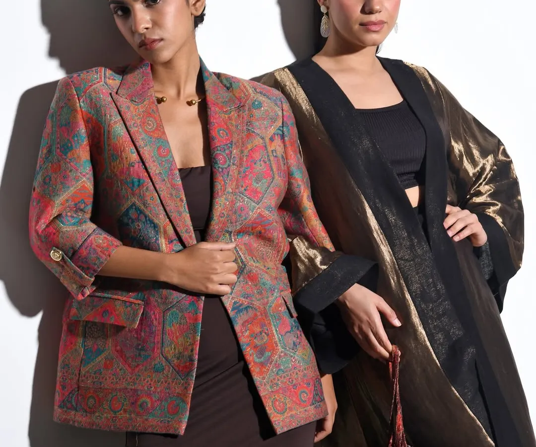 For this Indian fashion campaign, I focused on creating a look of modern royalty. The styling pairs a contemporary printed blazer with a metallic, flowing kaftan, showcasing how traditional textiles can be worn with a sharp, elegant edge.