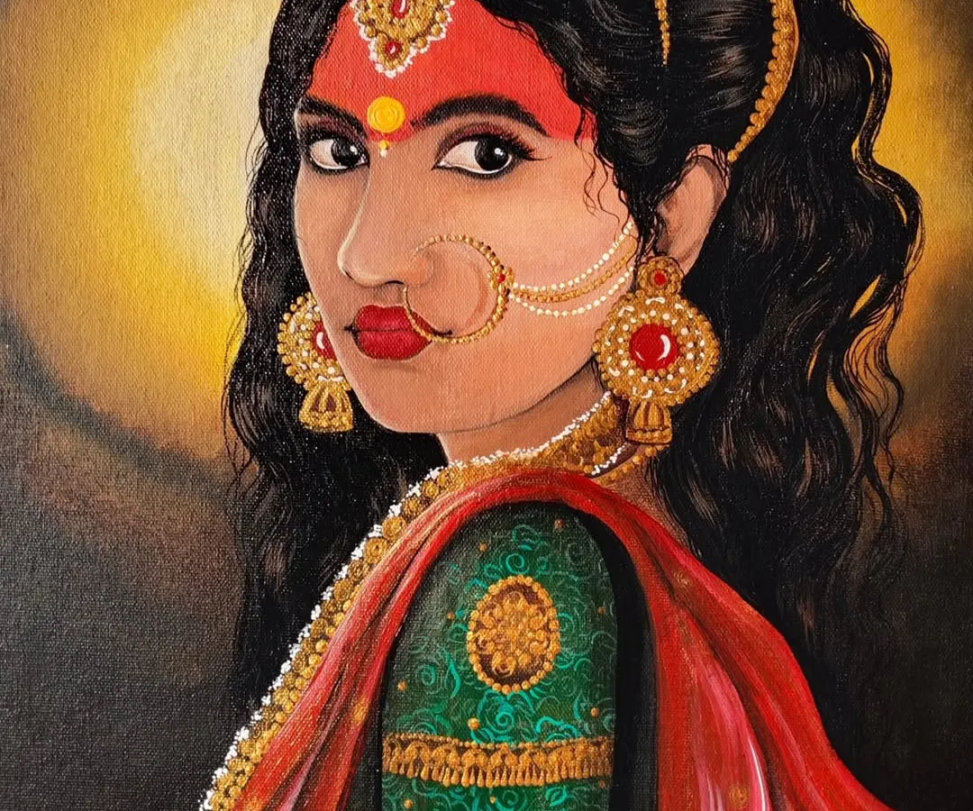 This is my acrylic painting of Maa Durga, capturing her divine grace and strength. I focus on creating expressive eyes and intricate details in the jewelry and attire, making it a powerful centerpiece for worship or as a cultural art piece.
