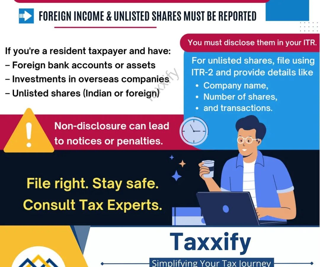 This is a critical alert for any resident taxpayer with overseas financial interests. You must report all foreign bank accounts, investments in overseas companies, and holdings of unlisted shares in your ITR. I ensure these disclosures are handled correctly to protect you from notices and significant penalties for non-disclosure.