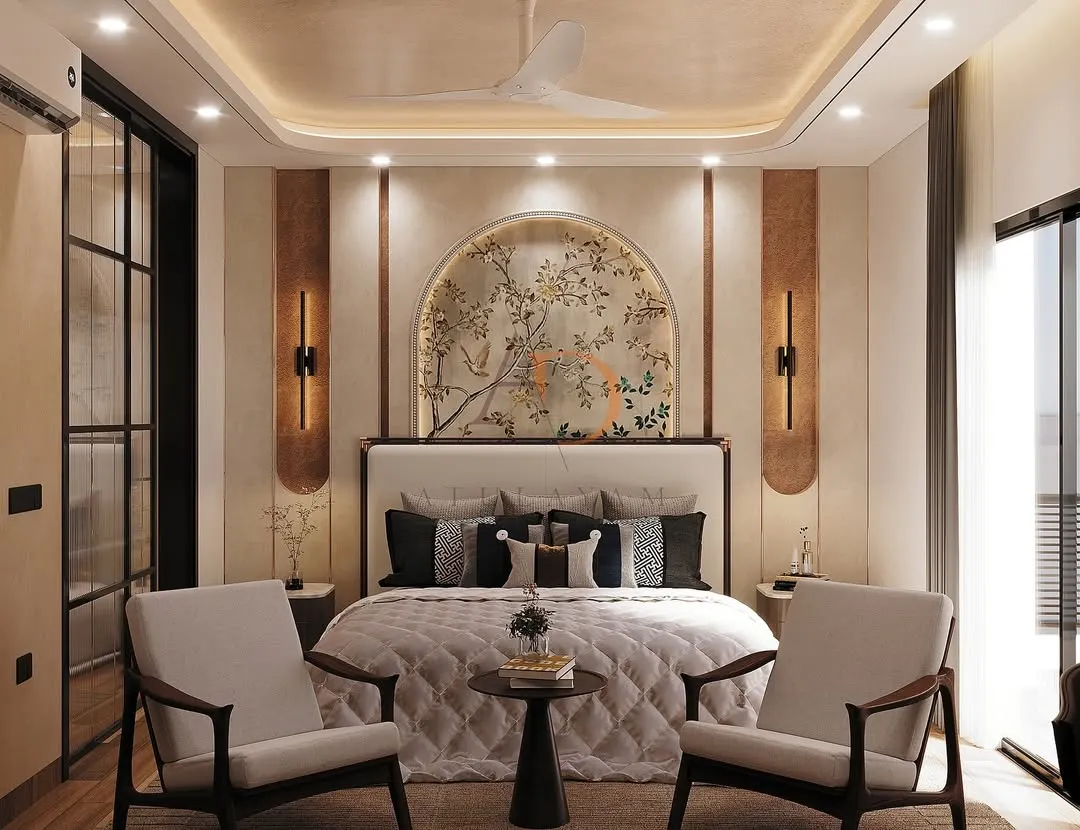 I believe a master bedroom should be a personal sanctuary. Here, a hand-painted arch mural serves as a stunning headboard, complemented by elegant wall sconces and a layered ceiling design to create a truly ambient and restful atmosphere.