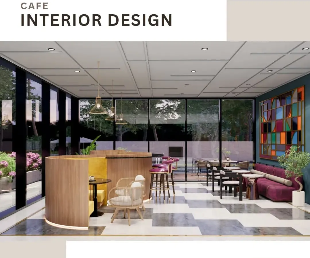 Here is a wide view of a modern cafe interior I designed. The goal was to create a dynamic yet comfortable atmosphere by using large glass walls for natural light, a mix of seating options like curved booths and intimate tables, and a bold, geometric floor pattern to guide customer flow.