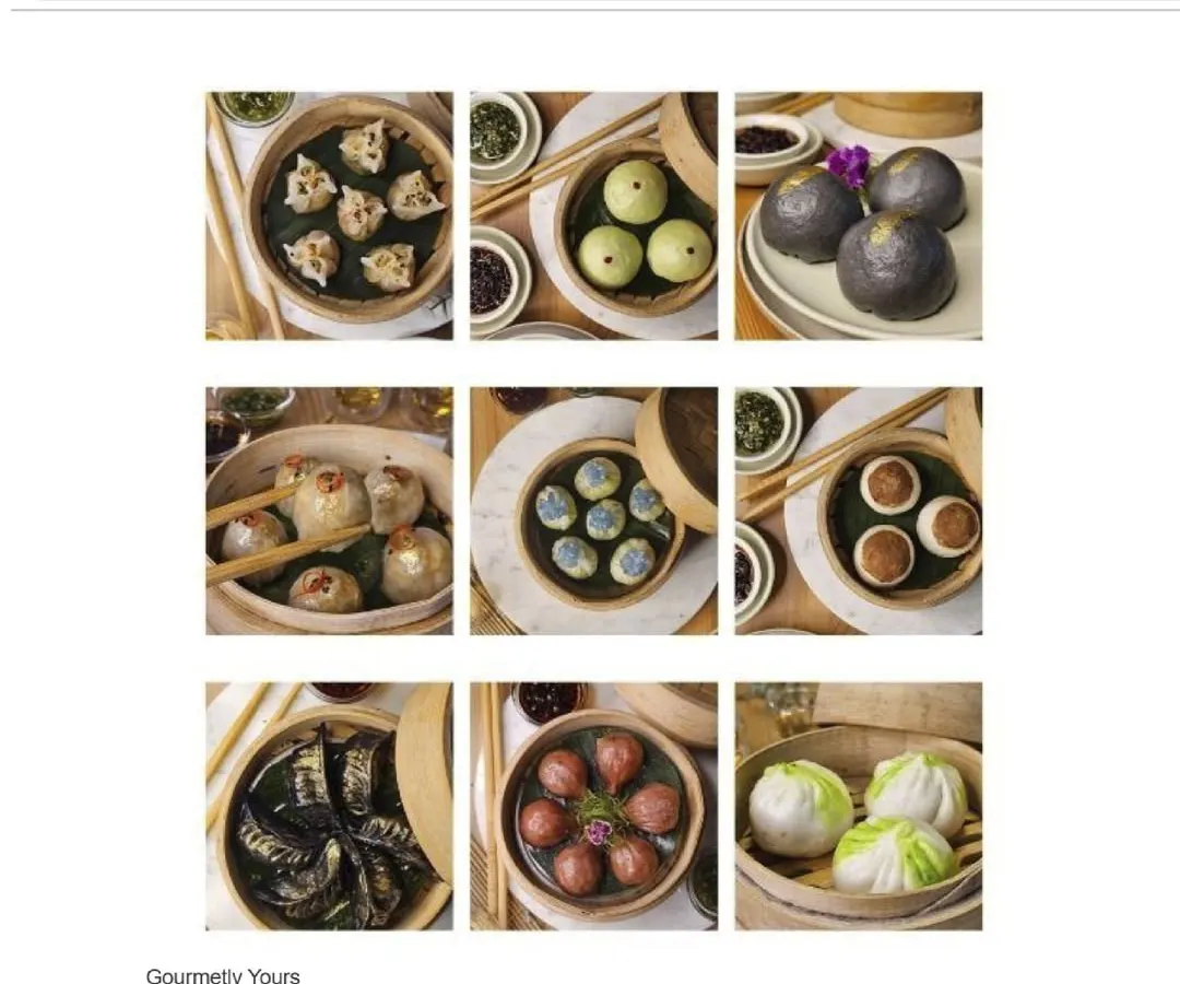 A glimpse into our Boutique Asian Cuisine expertise. This collage displays nine different varieties of our handcrafted dim sum, from classic crystal dumplings to colorful and innovative creations, all served in traditional bamboo steamers.