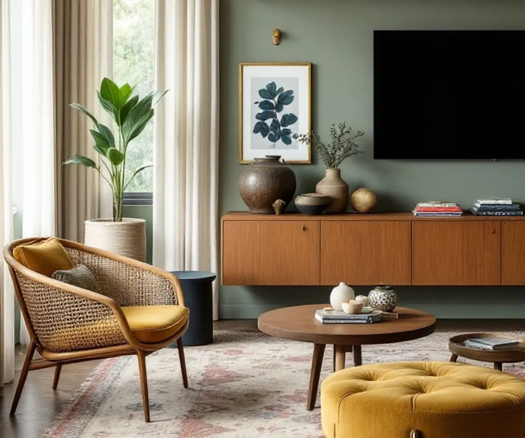 A living room should be a backdrop for your life, not a museum. Here, I used a calming olive green and the natural texture of rattan to create a space that feels both stunning and subtle. The floating TV unit keeps the room feeling open and airy, proving that great design is often about what you don't see.