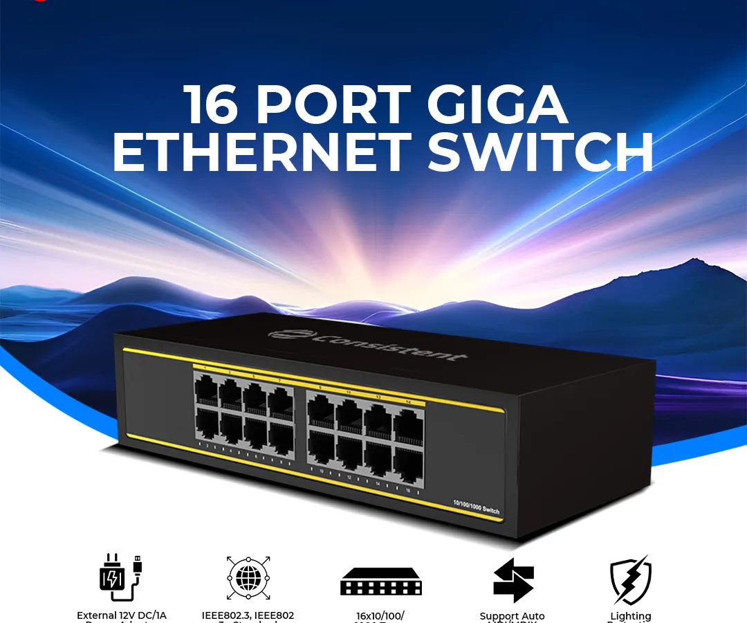 This 16-port Gigabit Ethernet Switch is the backbone for a powerful office or home network. It provides high-speed, stable wired connections for multiple devices and includes built-in lightning protection, making it a reliable choice for Indian power conditions.