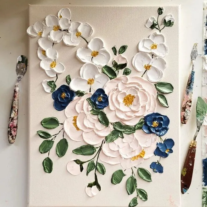 Experience the satisfaction of creating art with dimension. This floral piece was made using texture painting techniques, where you learn to build layers with a palette knife to make flowers that literally pop off the canvas.