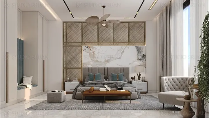I believe a bedroom should be a personal sanctuary. This master suite combines soft textures, a neutral color palette, and custom design elements like the latticed headboard and integrated seating nook to create a space that is both luxurious and deeply comfortable.