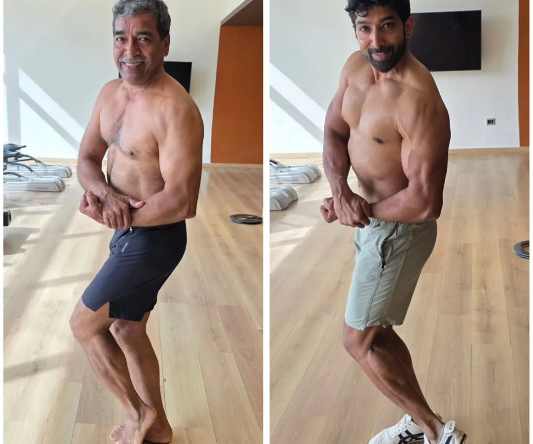 I'm a second-generation bodybuilder, posing here with my dad. He competed in the 70s and still trains at 73. This is more than a job for me; it's a family legacy of discipline and strength.