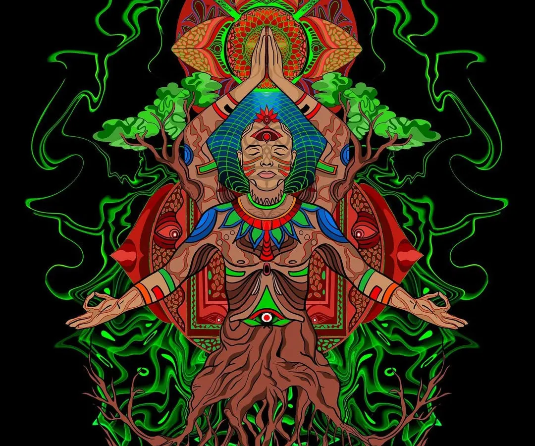 This is my detailed digital illustration of the Root Chakra, or Muladhara. I've layered spiritual symbols, like the third eye and the tree of life, with vibrant neon greens and earthy tones to capture a sense of grounded, cosmic energy. This piece shows my deep dive into creating visionary art.