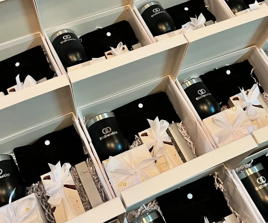 I handle corporate gifting at any scale. Here’s a look at a bulk order of beautifully packaged hampers for BizDateUp, each containing a branded tumbler and other curated items for their team.
