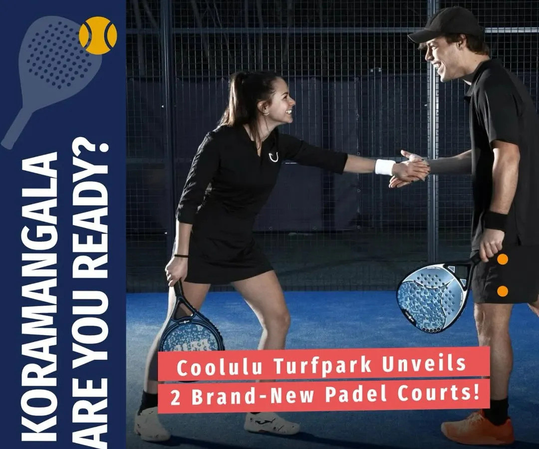 I've brought the exciting sport of Padel to Koramangala with two brand new courts. This image shows two players sharing a moment of sportsmanship, highlighting the social and fast-paced nature of the game. It’s a great way to see that my courts are perfect for both friendly matches and competitive play.
