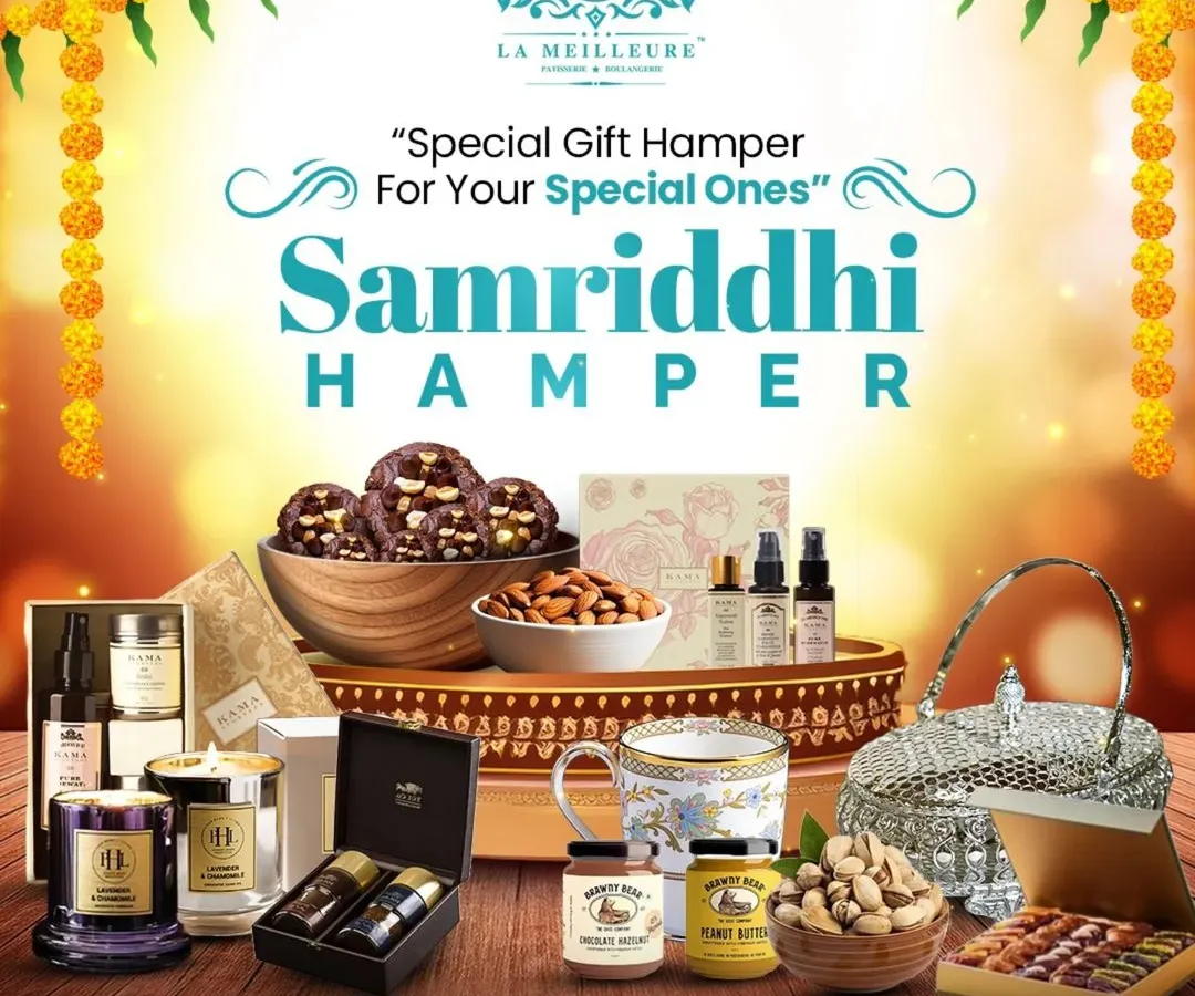A glimpse into ultimate luxury with our 'Samriddhi Hamper'. This opulent collection combines our finest baked goods with premium lifestyle products like a silver basket, designer candles, and gourmet dates.