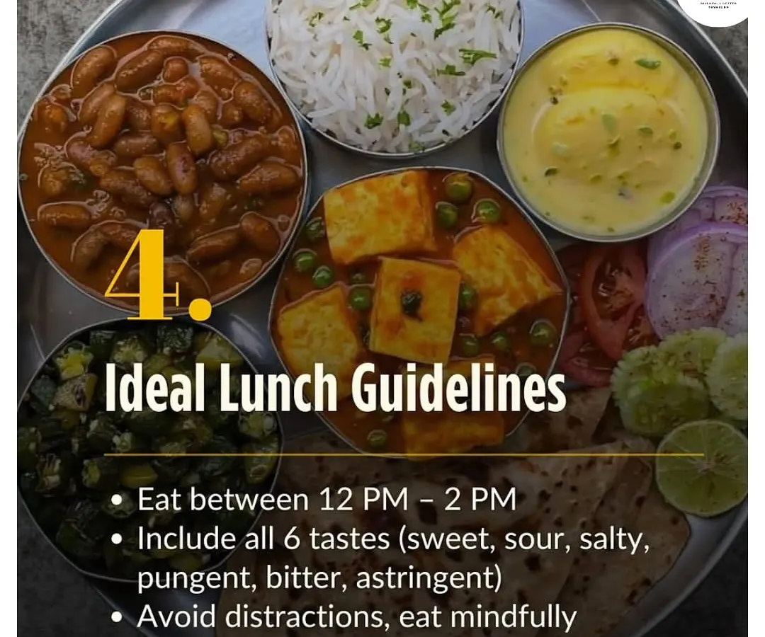 This is what an ideal lunch looks like in my program. A balanced thali with all six tastes, eaten mindfully between 12 PM and 2 PM when your digestion is strongest. It's about nourishing your body with warm, cooked, seasonal food, not just counting calories.