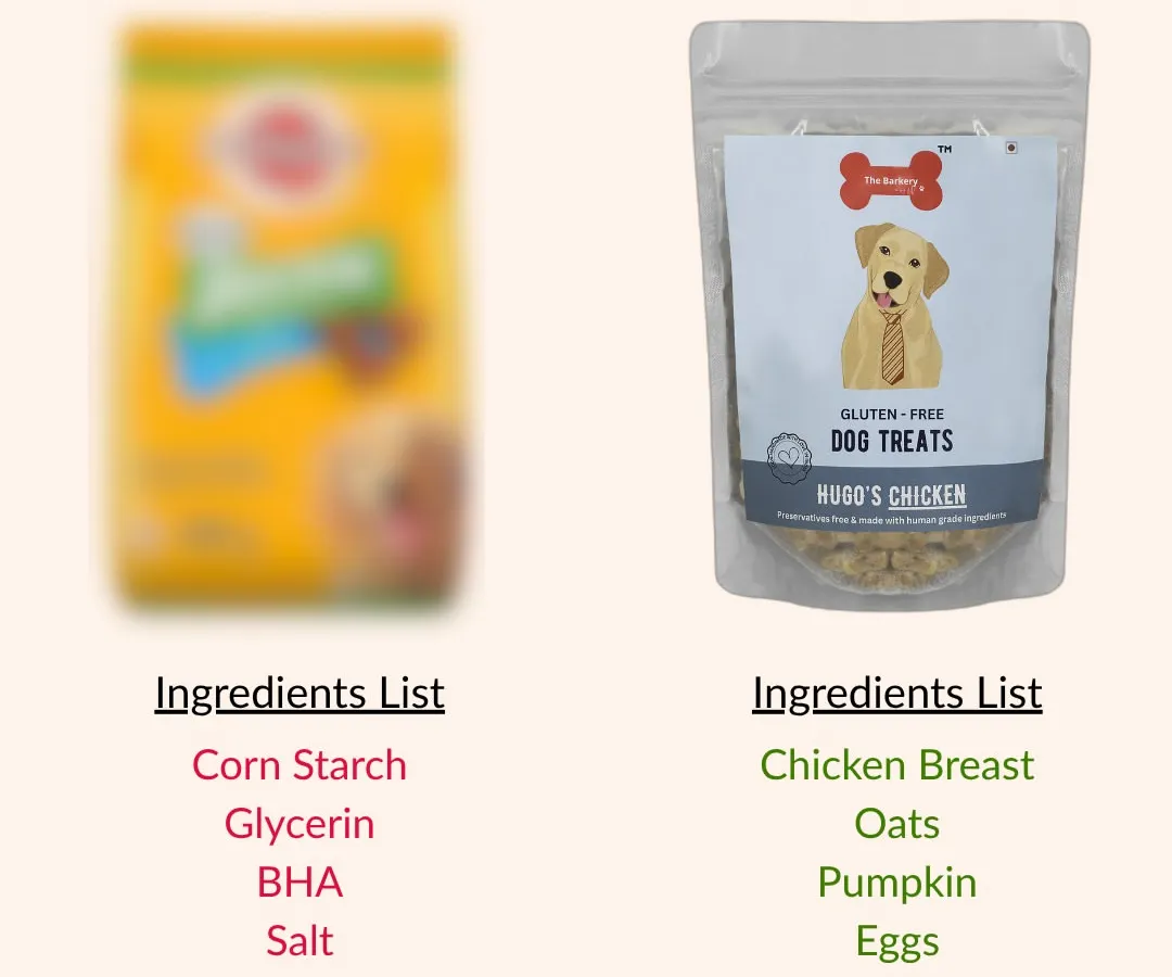 I believe you should be able to recognize every ingredient in your dog's food. On the left, you see common ingredients in commercial pet food. On the right, you see our simple, human-grade ingredients like real chicken breast and pumpkin. This is the difference between "healthy" claims and truly real food.