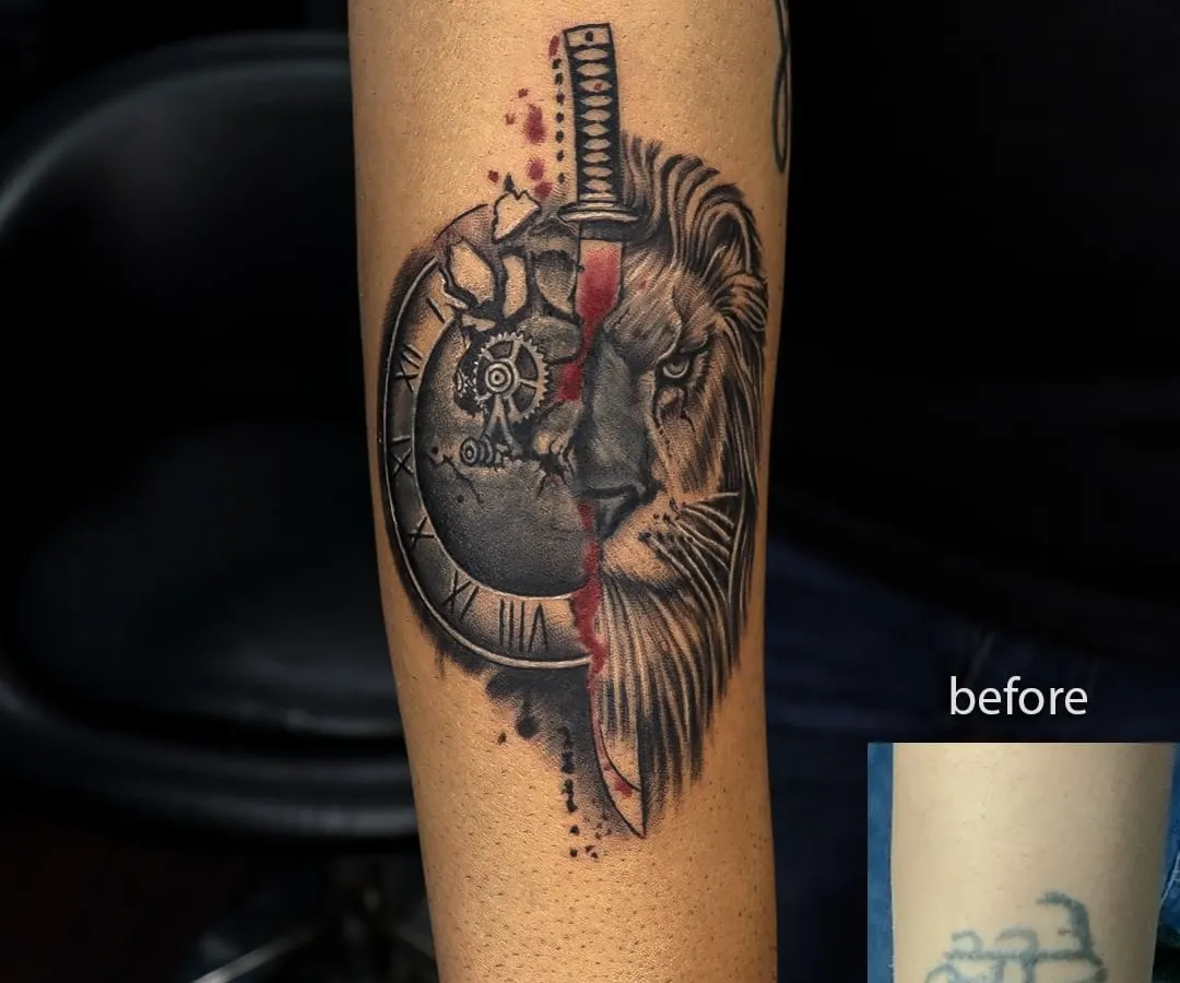 Here is a powerful cover-up transformation. We designed a custom piece featuring a lion's face and a broken clock with a sword to completely hide an old, unwanted tattoo, turning it into a bold statement of strength and time.