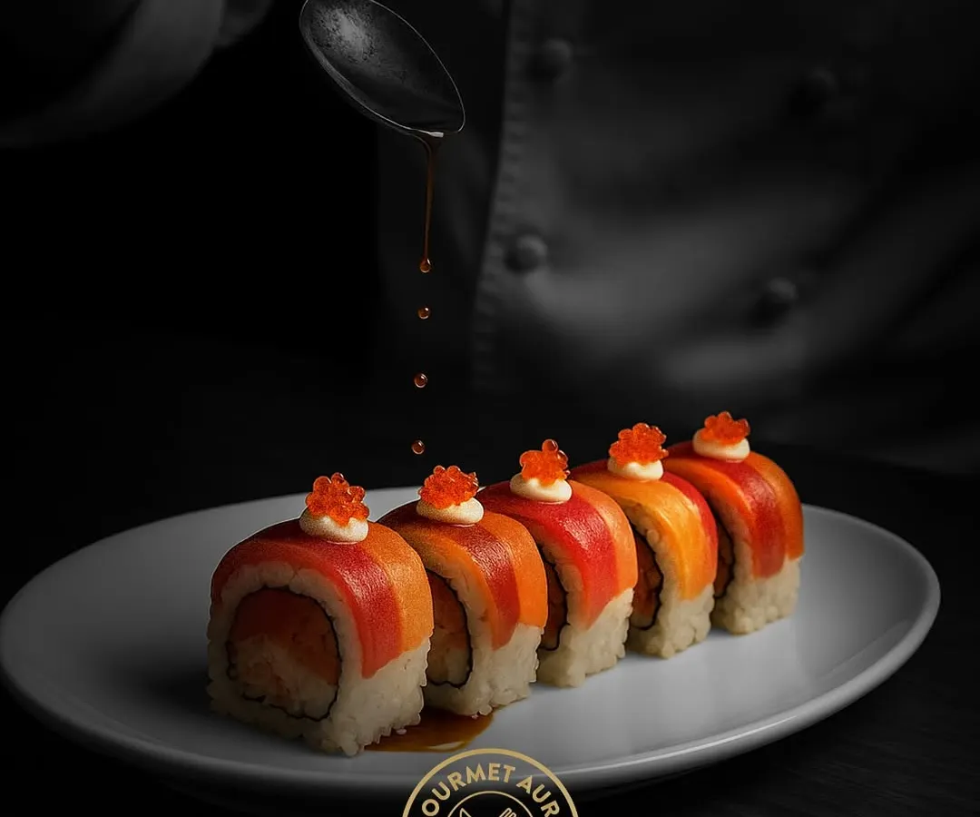 The final touch. A chef carefully drizzles a finishing sauce on a row of exquisite salmon and tuna sushi rolls, each topped with vibrant tobiko. This is the artistry and attention to detail we pour into every single dish.