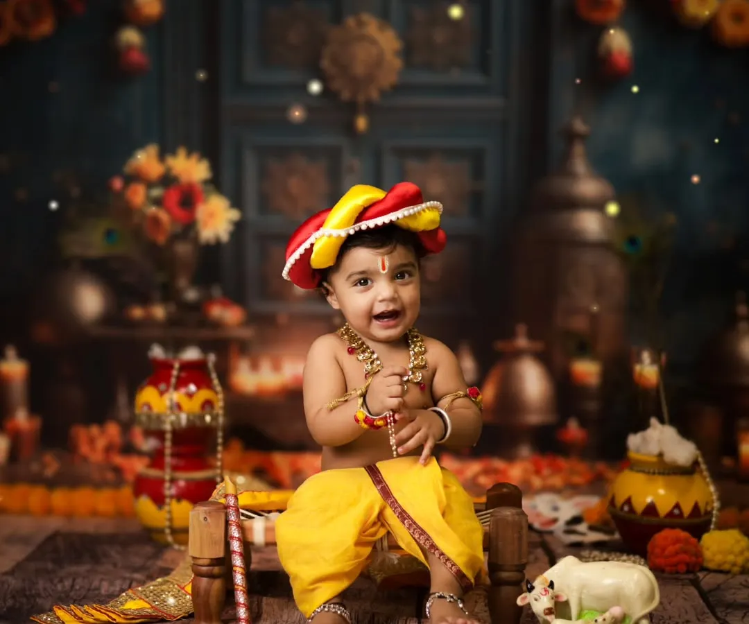 My heart feels full when we do these special Janmashtami shoots. Seeing this little one as Krishna, with his happy smile and all the traditional details, is a blessing. We create these beautiful setups to celebrate our dharam and culture.