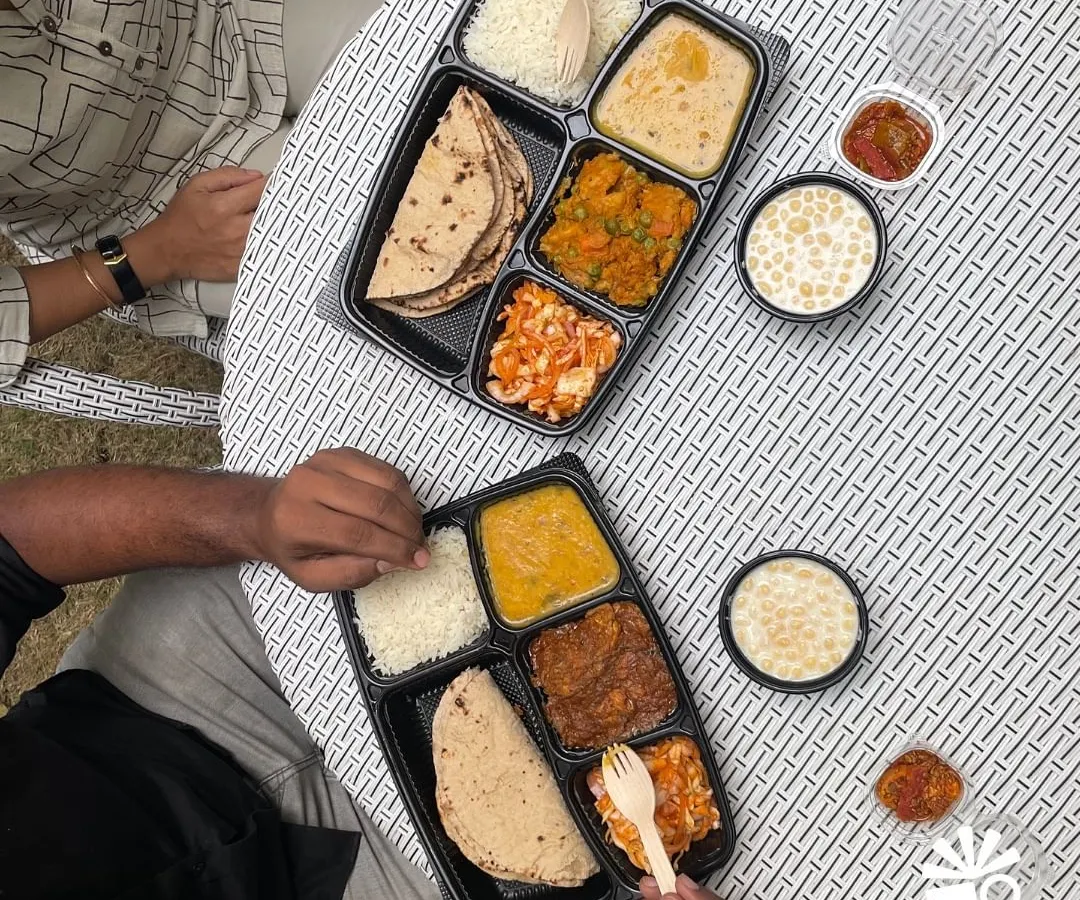 There's nothing better than sharing a meal with someone you care about. Here are two of my meal thalis, one veg and one non-veg, being enjoyed together. This is the happiness I want to deliver to your home. 🏡