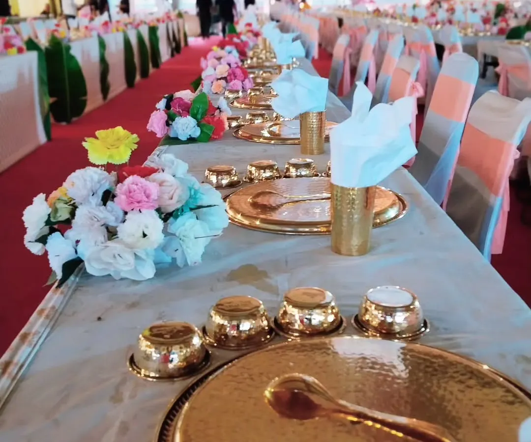 For religious functions, I offer traditional Pangat Seva. Each guest is honored with a beautifully set golden thali, creating a truly authentic and respectful dining experience.