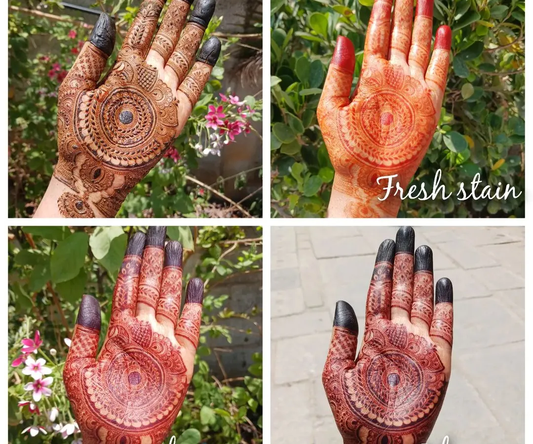 I love watching the henna stain progression. This collage shows how the color develops from a fresh orange stain right after paste removal to a deep, dark color over 48 hours using my regular eucalyptus henna cones.