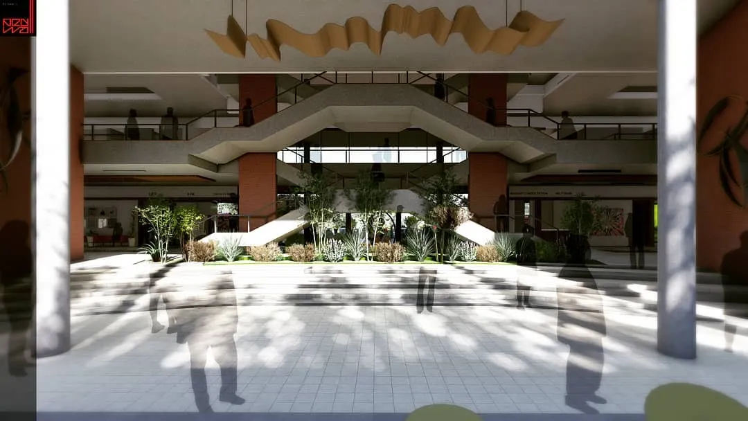 This render shows the proposed grand atrium for the BGS School of Architecture. The design features a central bifurcating staircase and multi-level open spaces to encourage student interaction and create a dynamic hub for learning.