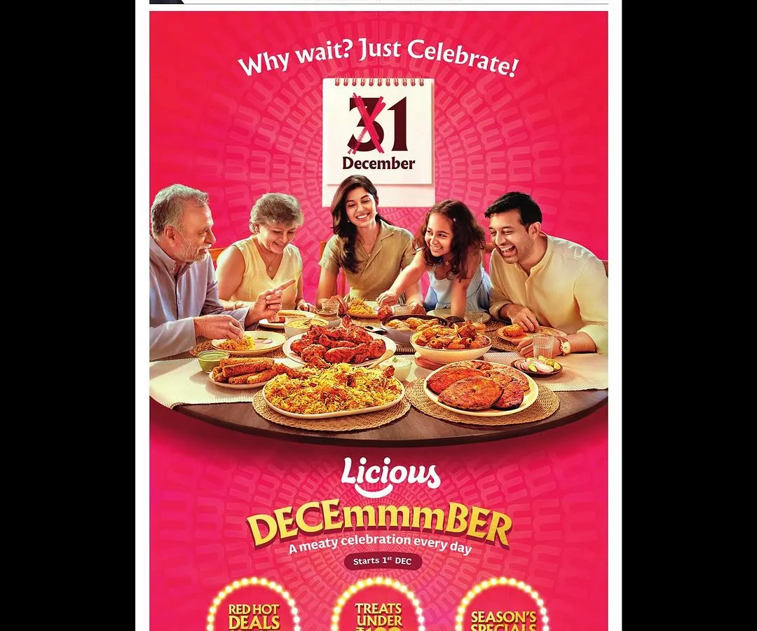 It's always a thrill to see my work in a major publication. This was a front-page print ad in the Times of India for Licious, where I played the part of a family man enjoying a celebratory meal. This kind of character work for print campaigns is something I really enjoy.