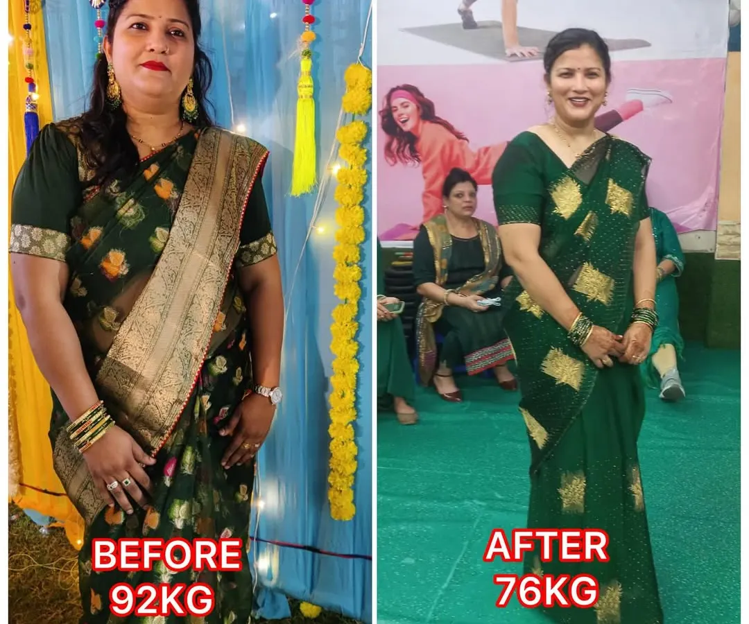 We believe in real, sustainable results. This is one of our dedicated members, showcasing her incredible 16kg weight loss transformation through consistent effort in our group classes.