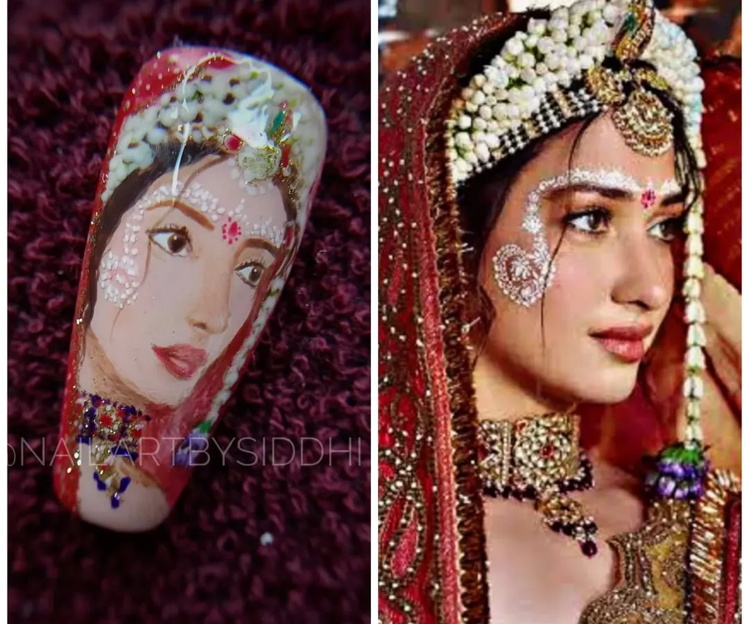 I love a challenge, and this split-screen shows my hand-painted nail portrait next to the original reference of actress Tamannaah. This demonstrates the level of detail I can achieve, making it perfect for custom celebrity or personal portraits.